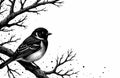 A black and white illustration of a bird perched on a leafless tree branch with Royalty Free Stock Photo