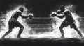 artwork features minimalist representation boxing ring highlighting fighters motion basic silhouettes. Monochromatic