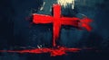 artwork features minimalist representation of cross where large nail forms vertical beam and bold red brushstroke