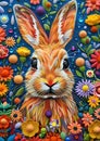 Artwork features a rabbit surrounded by an enchanted garden filled with vibrant, whimsical flowers