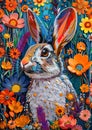 Artwork features a rabbit surrounded by an enchanted garden filled with vibrant, whimsical flowers