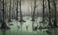 Painting of a surreal and eerie flooded forest