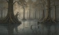Painting of a surreal and eerie flooded forest