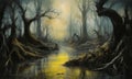 Painting of a surreal and eerie flooded forest