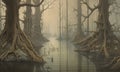 Painting of a surreal and eerie flooded forest