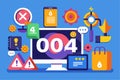 This artwork features a vibrant error icon set around a central computer display, showcasing digital alerts, 404 Error icon set, Royalty Free Stock Photo
