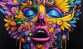 Abstract face with a third eye, featuring psychedelic swirls and vibrant colors on a black background.