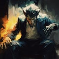 Aggressive Digital Illustration: Man Sitting By An On Fire Royalty Free Stock Photo