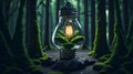 Artwork of glowing light bulb with plants inside on forest background. Eco concept. Generative AI Royalty Free Stock Photo