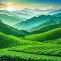 artwork of a green tea plantation Flat rural farming a terraced tea green and a distant peak are shown in a