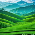 artwork of a green tea plantation Flat rural farming a terraced tea green and a distant peak are shown in a