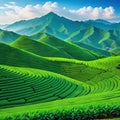 artwork of a green tea plantation Flat rural farming a terraced tea green and a distant peak are shown in a