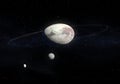 Artwork of Haumea ellipsoidal dwarf planet with rings in the Kuiper belt and its moons HiÃÂ»iaka and Namaka