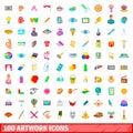 100 artwork icons set, cartoon style