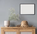 Artwork in interior design. Picture frame mockup on white wall, minimalism concept Royalty Free Stock Photo