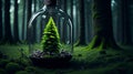 Artwork light bulb with growing fir-tree inside on forest background. Eco concept. Generative AI