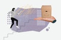 Artwork magazine collage of excited lady running stairs up getting parcel delivery isolated drawing background