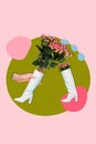 Artwork magazine collage picture of arm holding shoe shape flower vase isolated colorful background