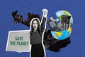 Artwork magazine collage picture of confident serious lady save the planet protest isolated drawing background