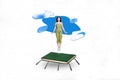 Artwork magazine collage picture of excited funny lady jumping big book trampoline isolated drawing background