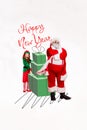 Artwork magazine collage picture of excited little child getting gifts x-mas santa arms folded isolated drawing