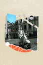 Artwork magazine collage picture of happy smiling guy riding moped old city town isolated beige color background