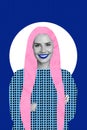 Artwork magazine collage picture of happy smiling lady pink hair hands crossed folded isolated blue color background