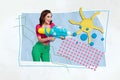 Artwork magazine collage picture of happy smiling lady shooting water gun sunny weather isolated drawing background