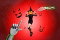 Artwork magazine collage picture of puppet hand pointing pumpkin head wizard red color background