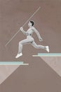 Artwork magazine collage picture of purposeful lady running throwing spear isolated drawing background