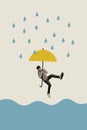 Artwork magazine collage picture of scared guy hanging umbrella afraid falling big paddle isolated beige color