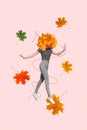 Artwork magazine collage picture of slim lady leaves bunch instead of head walking enjoying weather drawing
