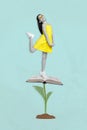 Artwork magazine picture of charming funny girl standing book growing plant isolated drawing background