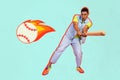 Artwork magazine picture of cool guy playing baseball hard flaming ball isolated drawing teal turquoise background