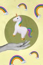 Artwork magazine picture of funny funky unicorn standing person arm palm isolated painting beige green background