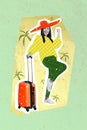 Artwork magazine picture of lucky excited lady going new abroad trip isolated drawing background