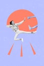 Artwork magazine picture of sporty lady jumping practicing karate battle anonymous rival isolated panting background