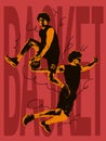 Artwork with male basketball player jumping with ball over red background with lettering. Poster graphics. Concept of