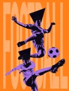Artwork with male soccer or football player kicking ball over orange background with lettering. Poster graphics. Concept