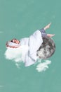 Artwork minimal collage of young carefree lightness sleeping after hard working day funny girl pajama moon planet