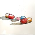 Watercolor Illustration of Medication Capsules and Pills