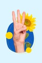 Artwork picture template collage of human hand showing three fingers symbolize ukrainian trident emblem stop war concept