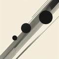 This artwork presents minimalistic black diagonal lines intersecting with circles of different sizes on a light backdrop