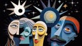 Artwork puppet theater background with toys. Cartoon style. The faces of various characters against the backdrop of the night sky