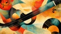 This artwork showcases an abstract interpretation of sound waves, intertwining musical notes and instruments, creating a Royalty Free Stock Photo