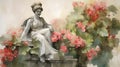 Elegant English Garden Statuary In Watercolor Medium