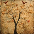 Origami Butterflies and Birds Adorn a Textured Tree Royalty Free Stock Photo