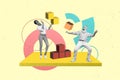 Artwork sketch abstract collage of two positive people working together building construction puzzle miniature cube on Royalty Free Stock Photo