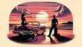 Retro Sunset: Classic Car and Coastal Dreams Royalty Free Stock Photo