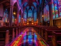 Gothic cyberpunk cathedral with neon accents